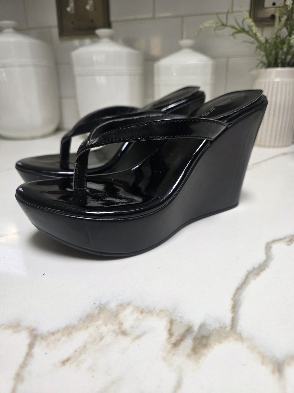 Charles By Charles David Black Wedge Platform Thong Sandals - Women